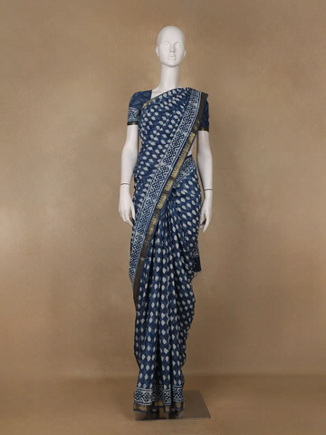 Indigo Blue Leaf Printed Cotton Saree - Diadem