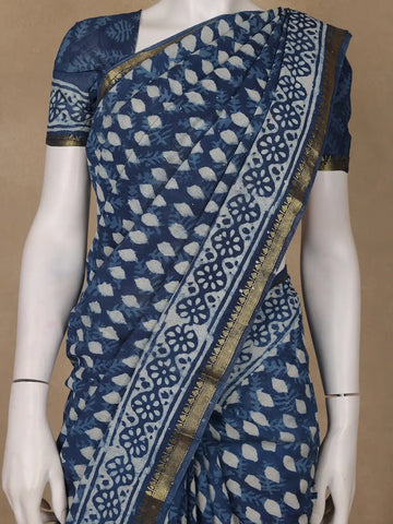 Indigo Blue Leaf Printed Cotton Saree - Diadem