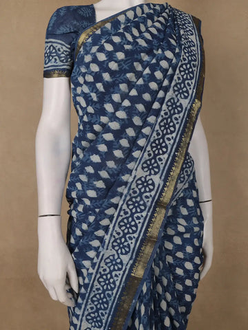 Indigo Blue Leaf Printed Cotton Saree - Diadem