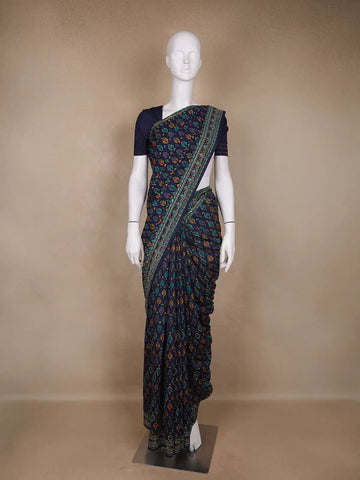 Indigo Floral Designed Chanderi Cotton Saree - Diadem