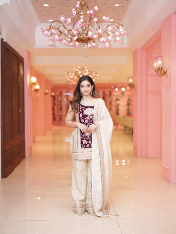 Ivory Floral Maroon Embroidery Tissue Silk Palazzo Salwar Suit - Diadem