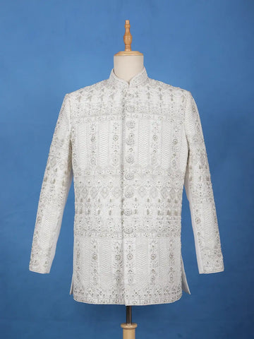 Ivory Floral Designed Cotton Sherwani Suit - Diadem