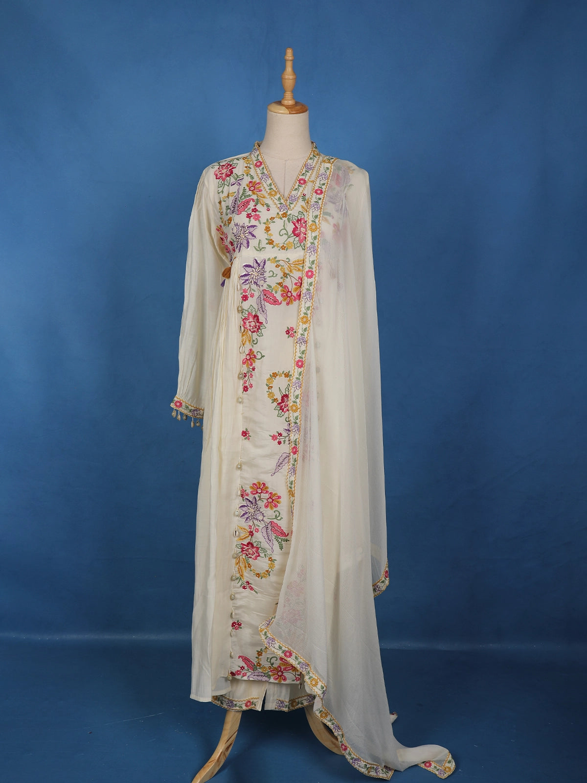 Ivory Floral Embroidered Cotton Salwar Suit