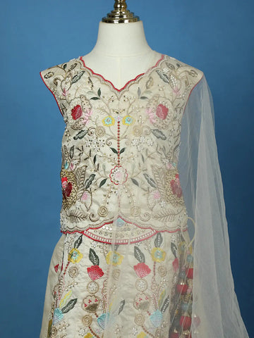 Ivory Floral Embroidered Silk Kids Lehenga With Dupatta - Diadem