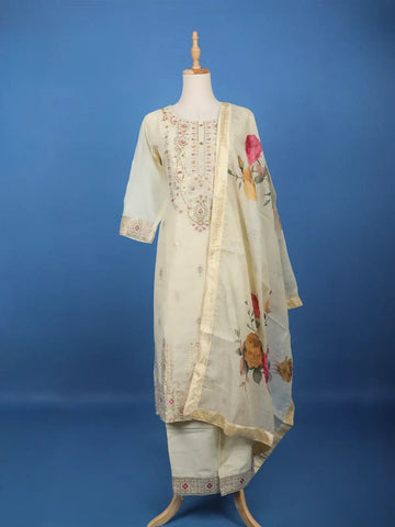 Ivory Floral Printed Silk Salwar Suit - Diadem