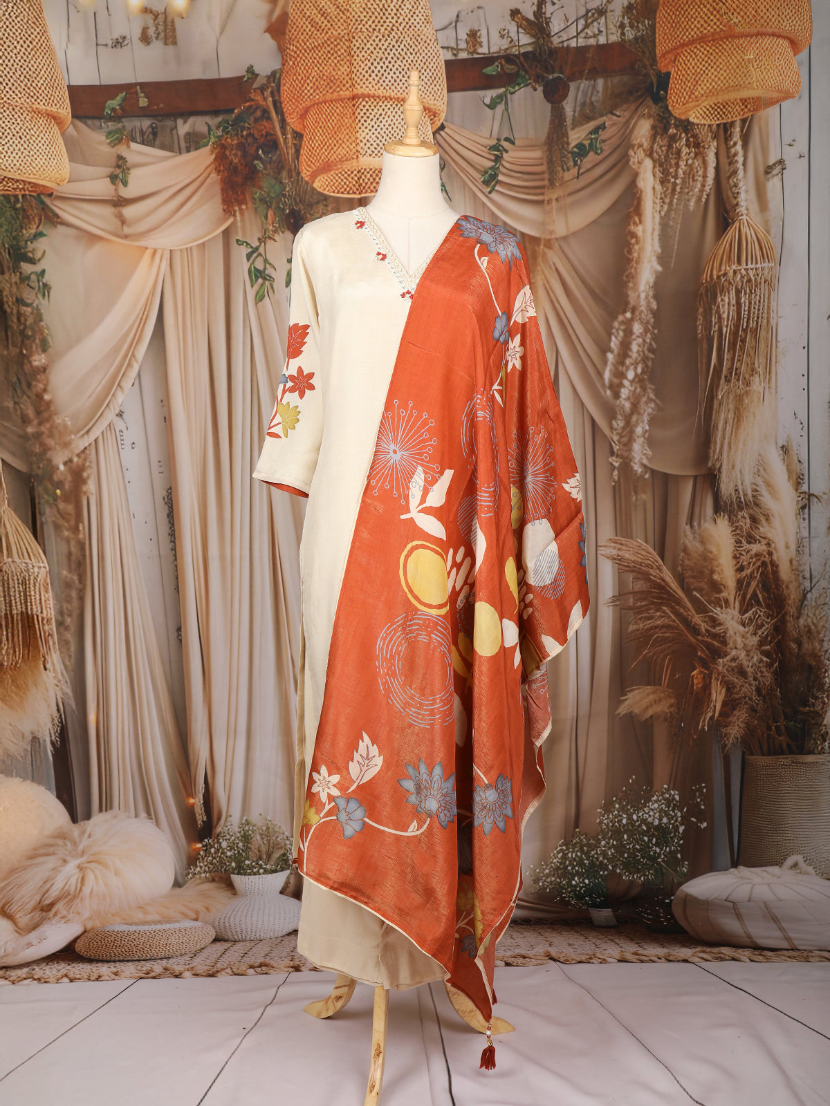 Ivory Floral Printed Cotton Salwar Suit with Rust Printed Dupatta