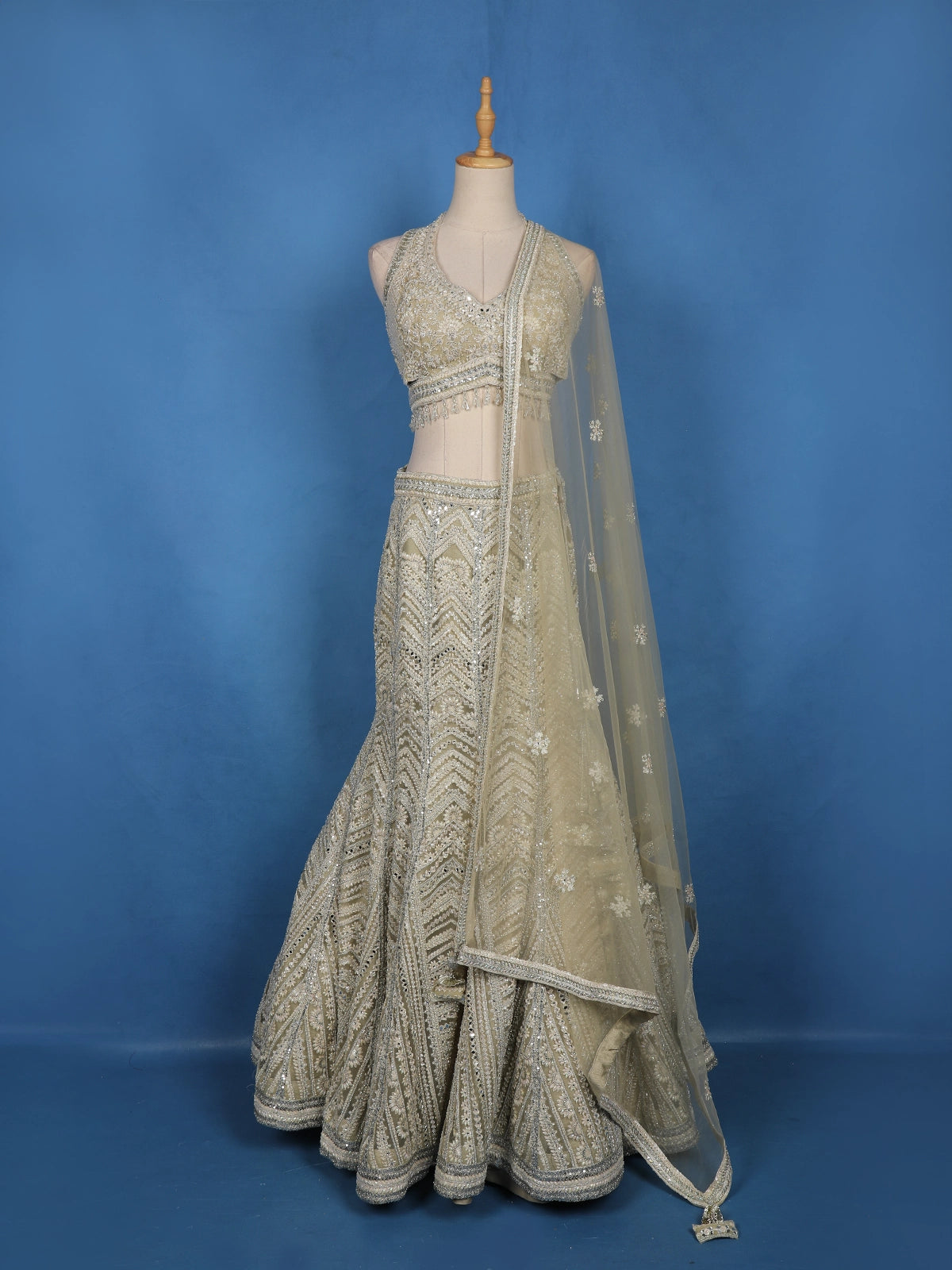 Ivory Floral Sequins Embroidered Mermaid Net Lehenga With Dupatta