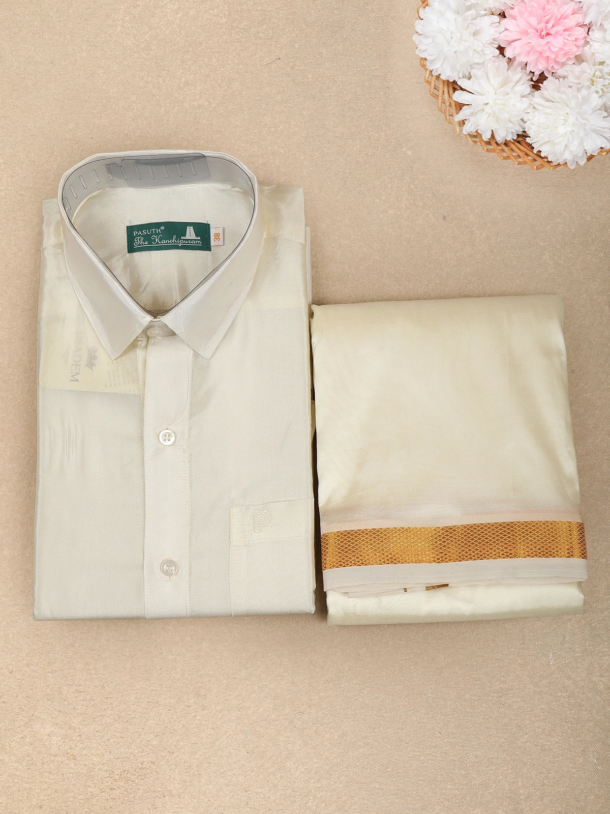 Ivory Gold Solid Woven Design Men's Shirt with Gold Zari Border Dhoti | Diadem Ivory Gold Solid Woven Design Men's Shirt with Gold Zari Border Dhoti | Diadem