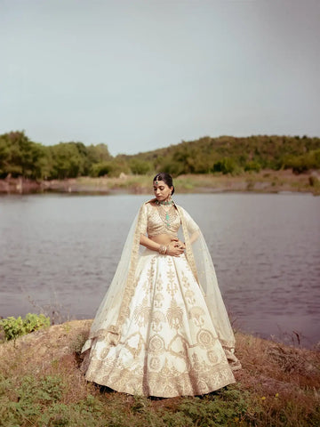 Ivory Gold Zari Embroidered Bridal Silk Lehenga Set - Diadem