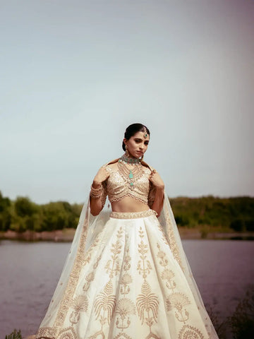 Ivory Gold Zari Embroidered Bridal Silk Lehenga Set - Diadem