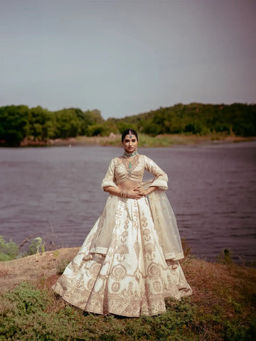 Ivory Gold Zari Embroidered Bridal Silk Lehenga Set - Diadem