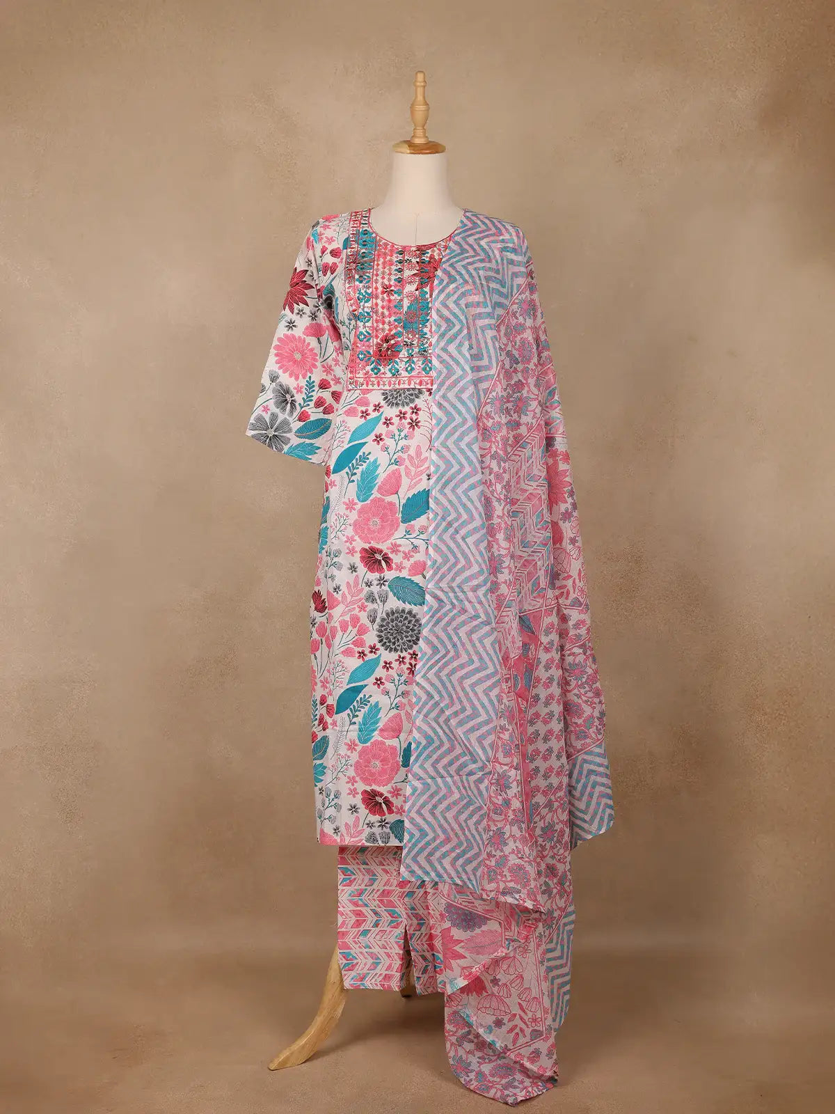 Ivory Pink Multicolor Floral Printed Cotton Salwar Suit - Diadem