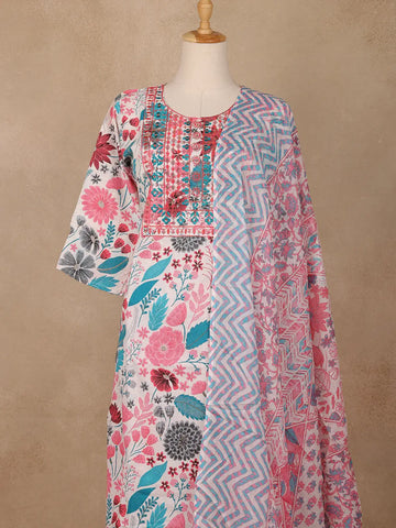 Ivory Pink Multicolor Floral Printed Cotton Salwar Suit - Diadem