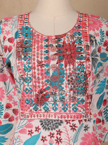 Ivory Pink Multicolor Floral Printed Cotton Salwar Suit - Diadem