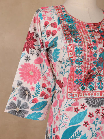 Ivory Pink Multicolor Floral Printed Cotton Salwar Suit - Diadem