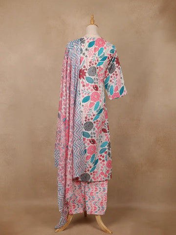 Ivory Pink Multicolor Floral Printed Cotton Salwar Suit - Diadem