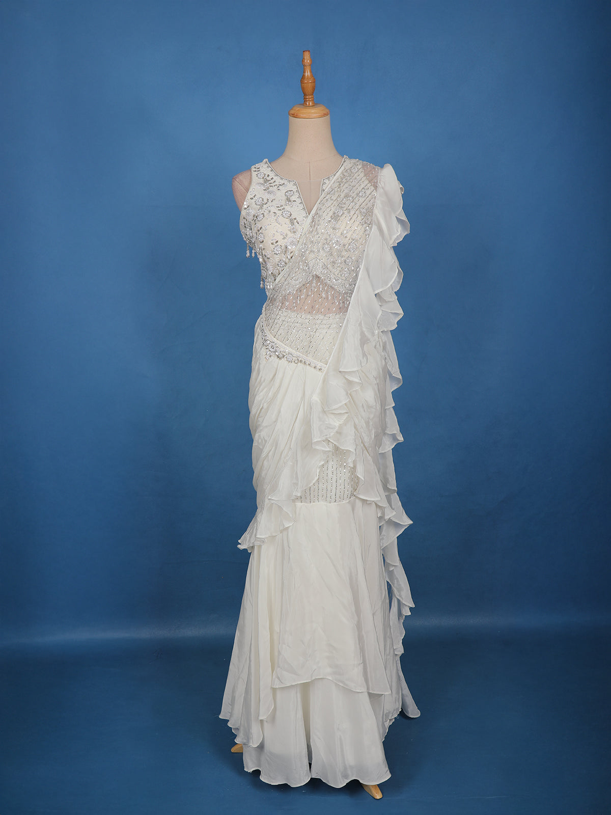 Ivory White Embroidered Georgette Ready To Wear Ruffle Saree With Sequin Work Blouse