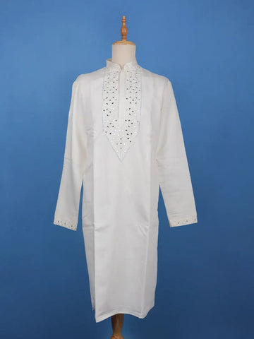 Ivory White Mirror Work Cotton Kurta for Men - Diadem