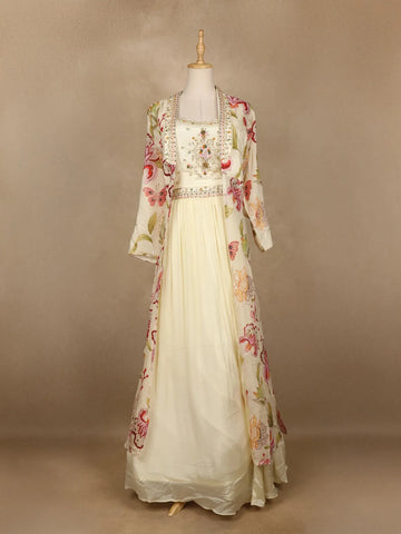 Ivory Crepe Embroidered Designed Indowestern Lehenga - Diadem