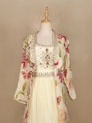 Ivory Crepe Embroidered Designed Indowestern Lehenga - Diadem
