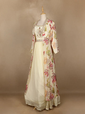 Ivory Crepe Embroidered Designed Indowestern Lehenga - Diadem