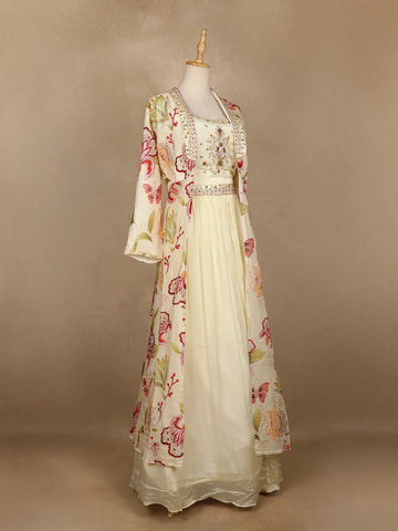 Ivory Crepe Embroidered Designed Indowestern Lehenga - Diadem