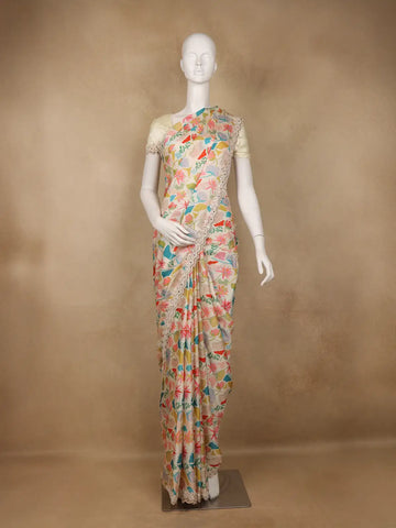 Ivory Floral Design Satin Saree - Diadem