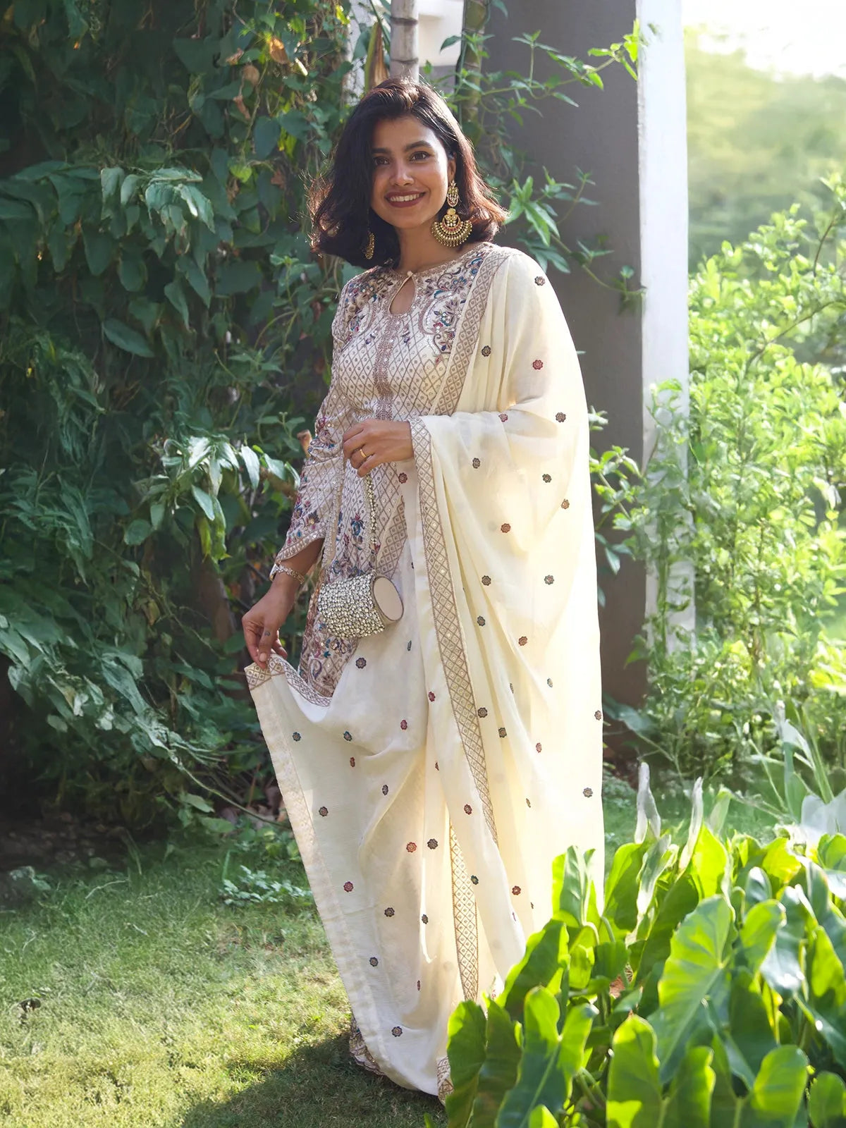 Ivory Floral Designed Banarasi Sharara Salwar Suit - Diadem