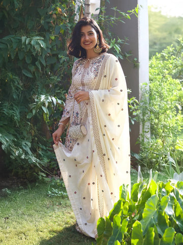 Ivory Floral Designed Banarasi Sharara Salwar Suit - Diadem
