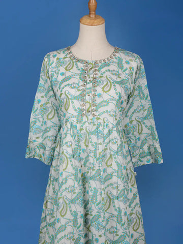 Ivory Floral Designed Cotton Kurti - Diadem
