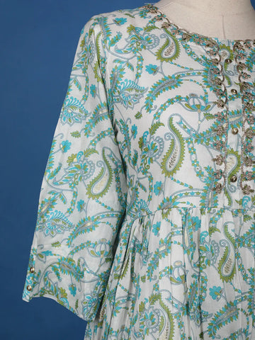 Ivory Floral Designed Cotton Kurti - Diadem