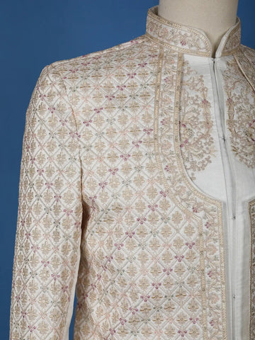 Ivory Floral Designed Sherwani Suit for Reception - Diadem