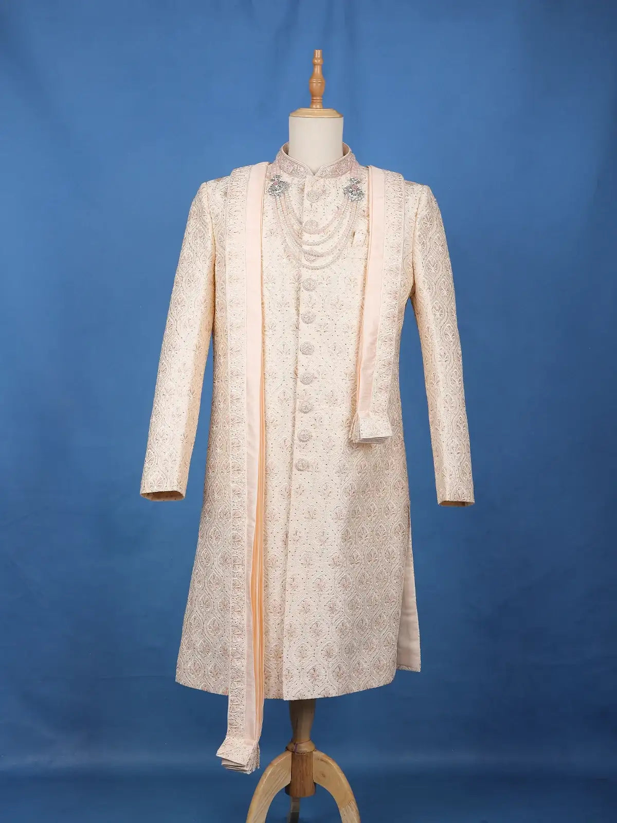 Ivory Floral Embroidered Jacquard Sherwani Suit with Dupatta & Brooch Detailing - Diadem