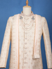 Ivory Floral Embroidered Jacquard Sherwani Suit with Dupatta & Brooch Detailing - Diadem