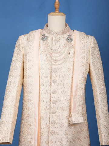 Ivory Floral Embroidered Jacquard Sherwani Suit with Dupatta & Brooch Detailing - Diadem