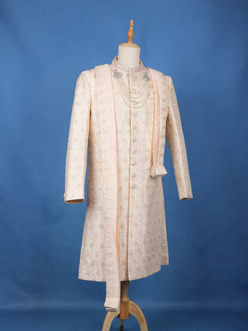 Ivory Floral Embroidered Jacquard Sherwani Suit with Dupatta & Brooch Detailing - Diadem