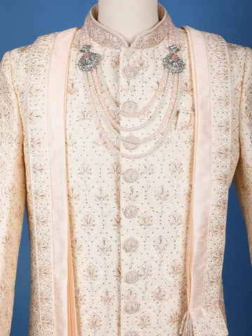 Ivory Floral Embroidered Jacquard Sherwani Suit with Dupatta & Brooch Detailing - Diadem