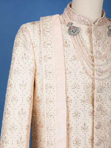 Ivory Floral Embroidered Jacquard Sherwani Suit with Dupatta & Brooch Detailing - Diadem