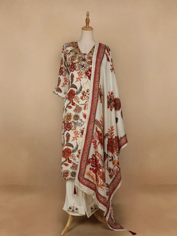 Ivory Floral Printed Semi Silk Salwar Suit - Diadem