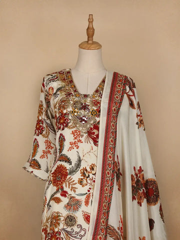 Ivory Floral Printed Semi Silk Salwar Suit - Diadem
