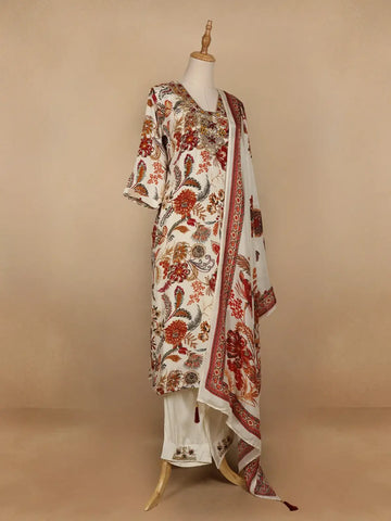 Ivory Floral Printed Semi Silk Salwar Suit - Diadem