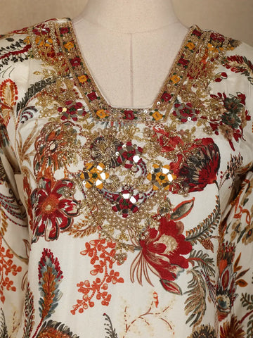 Ivory Floral Printed Semi Silk Salwar Suit - Diadem