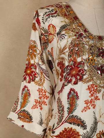 Ivory Floral Printed Semi Silk Salwar Suit - Diadem