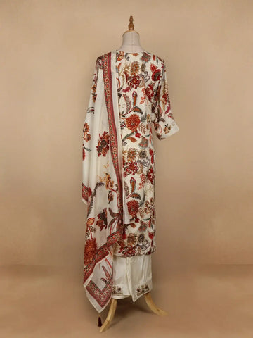 Ivory Floral Printed Semi Silk Salwar Suit - Diadem