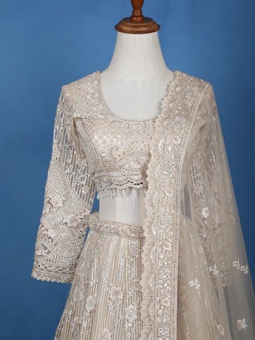 Ivory Net Lehenga Embellished with Floral Sequins and Beads with Dupatta - Diadem