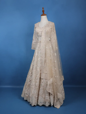 Ivory Net Lehenga Embellished with Floral Sequins and Beads with Dupatta - Diadem