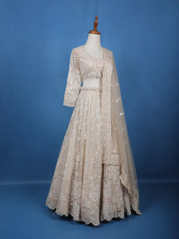 Ivory Net Lehenga Embellished with Floral Sequins and Beads with Dupatta - Diadem