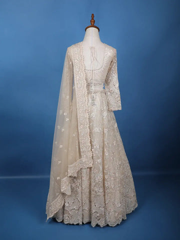 Ivory Net Lehenga Embellished with Floral Sequins and Beads with Dupatta - Diadem