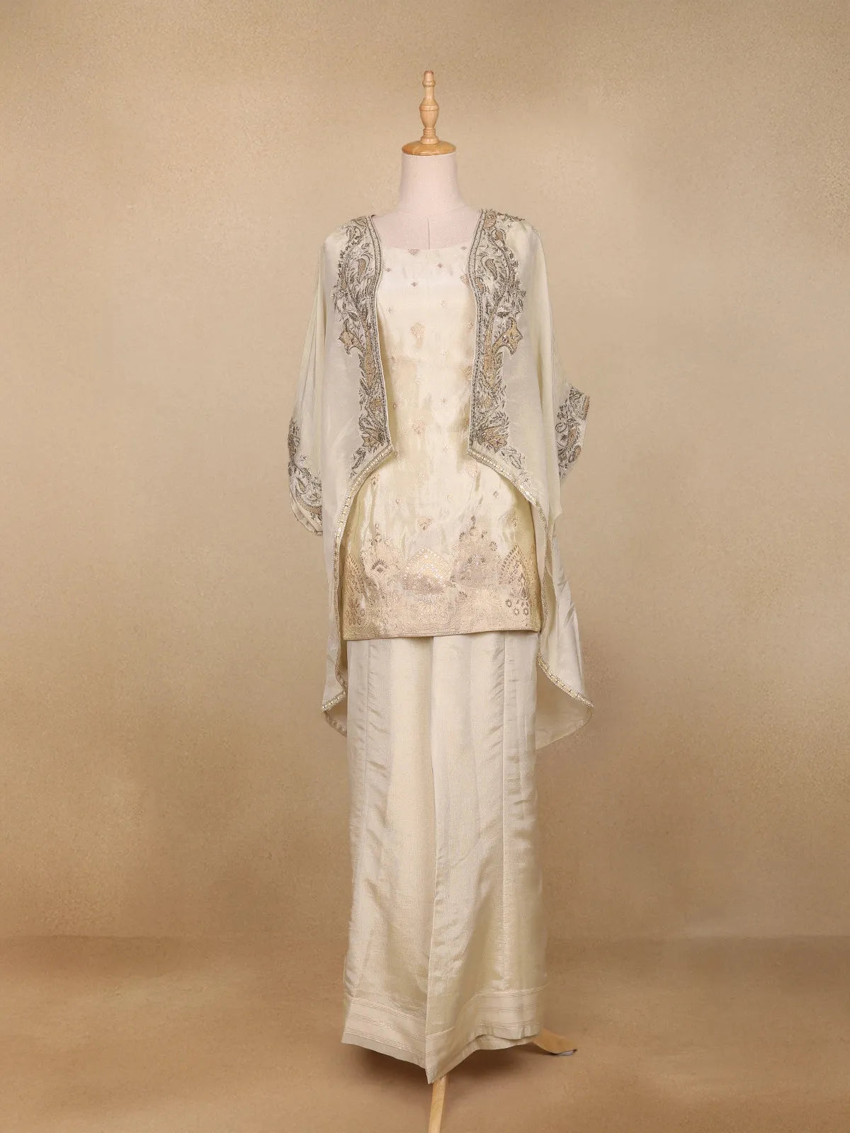 Ivory Organza Palazzo Suit with Paisley Embroidery Design - Diadem