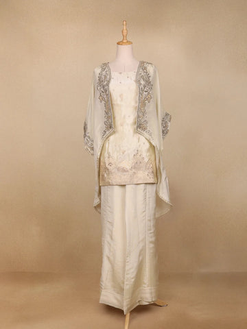Ivory Organza Palazzo Suit with Paisley Embroidery Design - Diadem